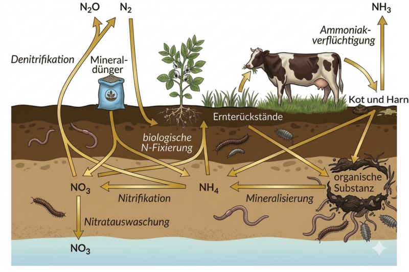 Stickstoffkreislauf in der Landwirtschaft - Visualisierung KI-gestützt nach Spiess & Richter (2005)